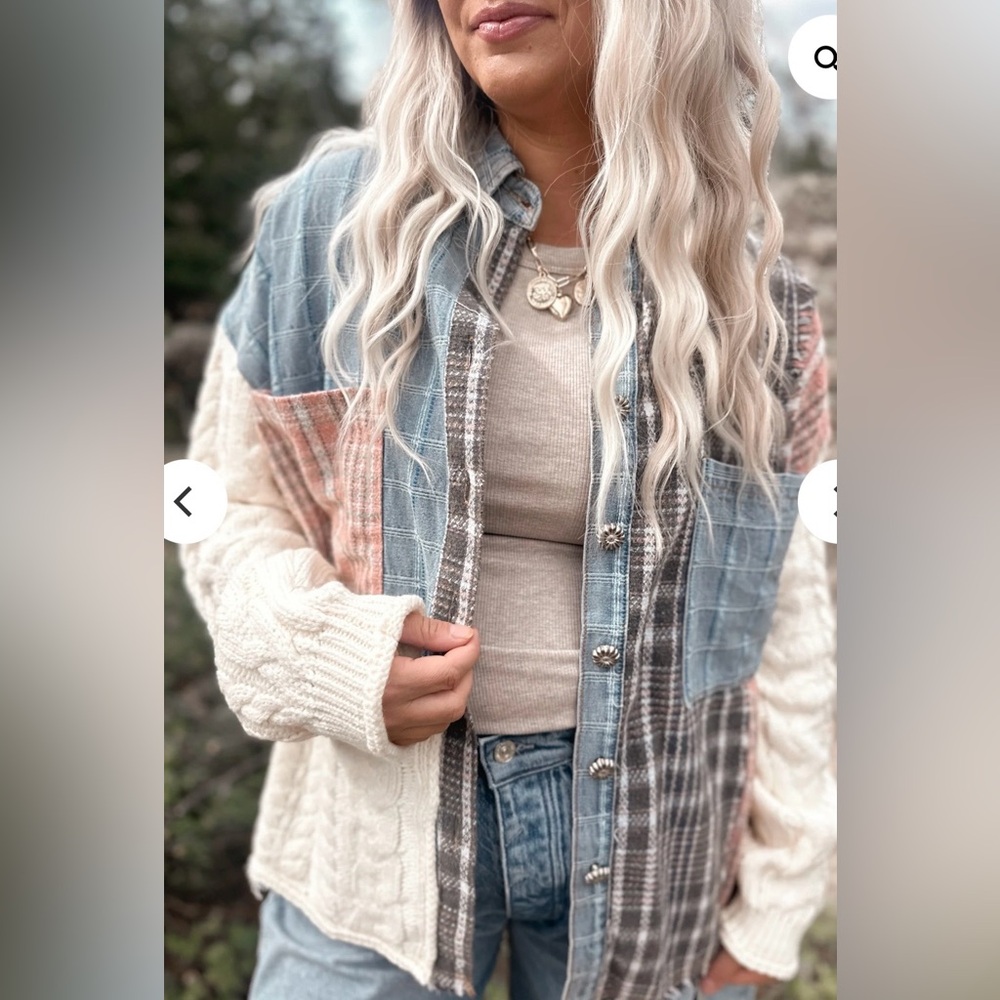 NWT POL Oversized Mixed-Media Patchwork Knit Deni… - image 7